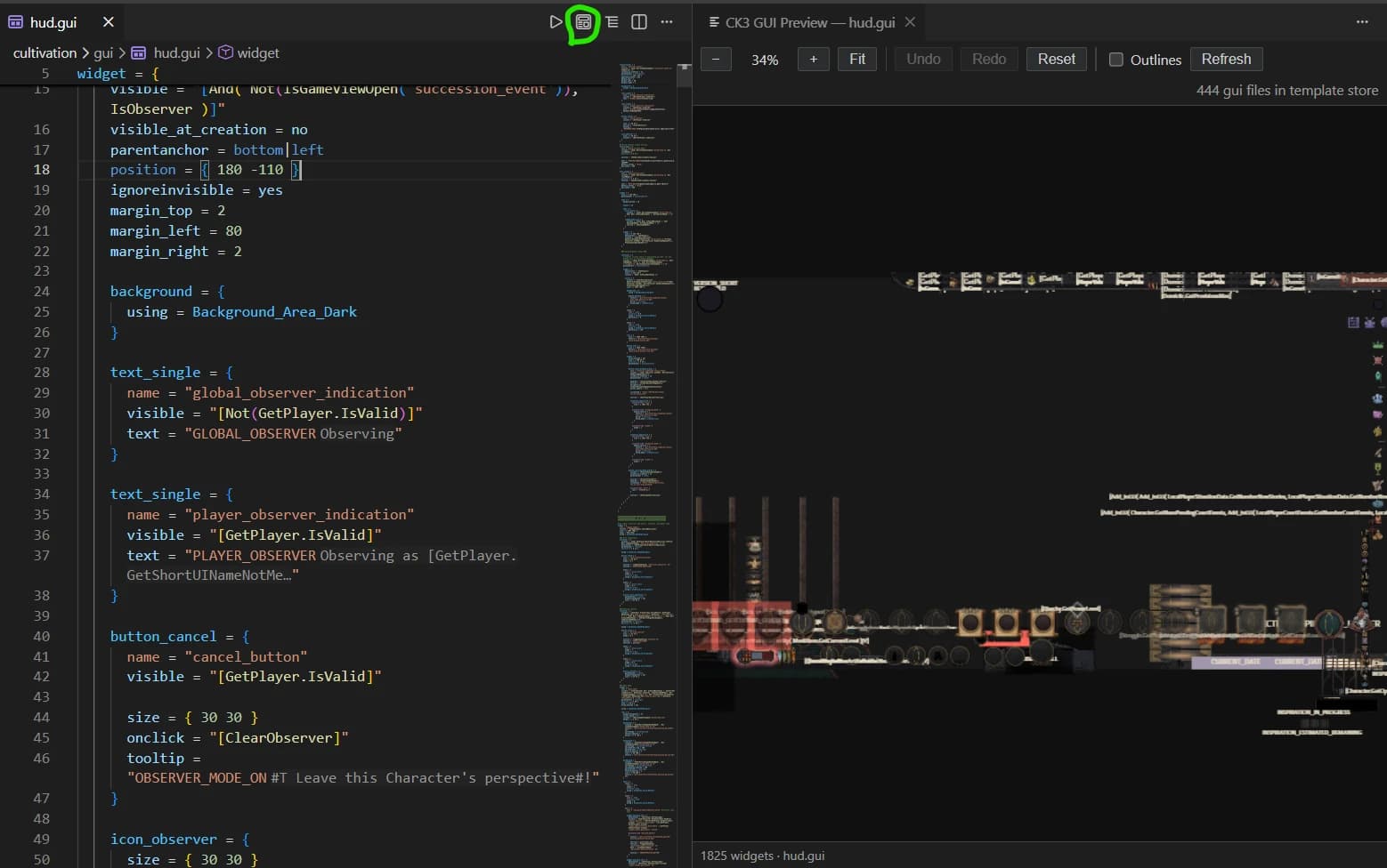 The toolkit's GUI live preview: hud.gui open in the editor on the left, the same file rendered as a widget layout on the right at 34 percent zoom.
