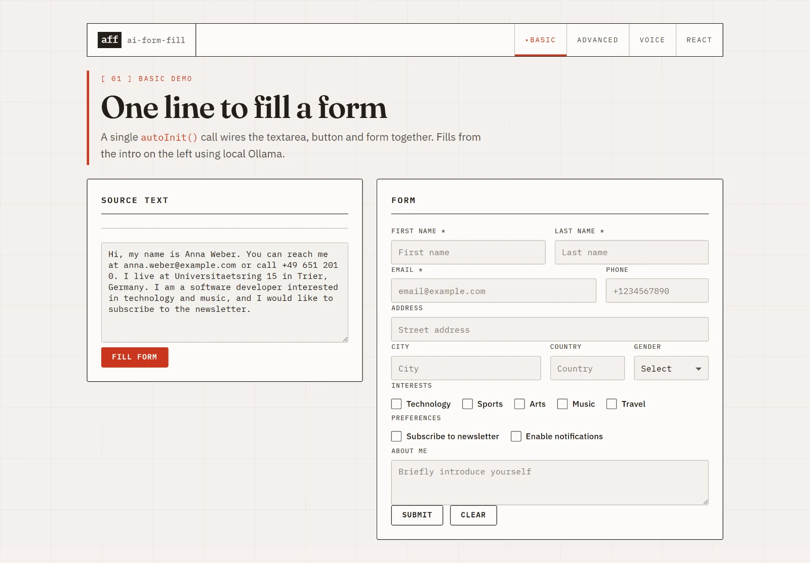The ai-form-fill demo page: a block of source text on the left, an empty contact form on the right, and a FILL FORM button between them.