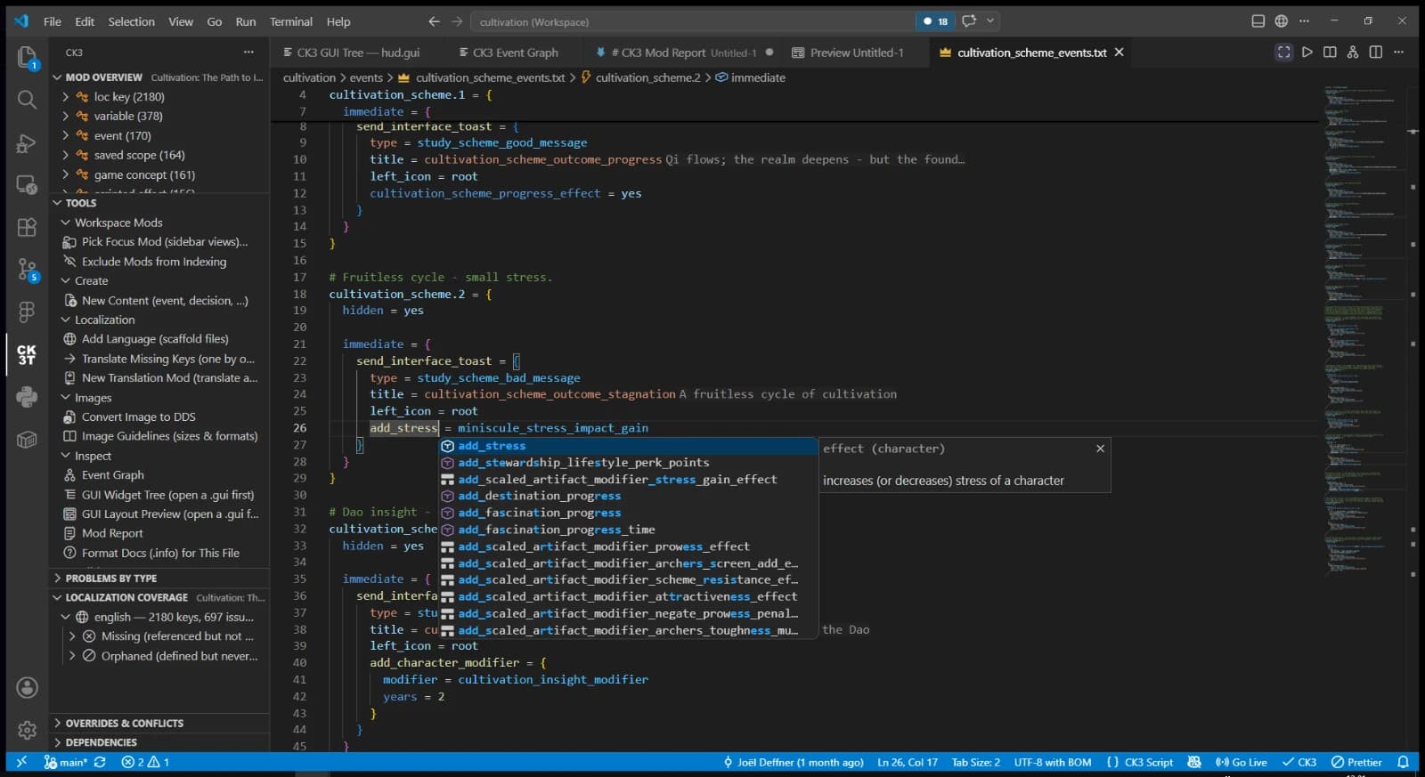 VS Code editing a Crusader Kings III mod file with the toolkit running: a completion popup is open on add_stress with fuzzy-match highlighting, next to a hover documentation panel.