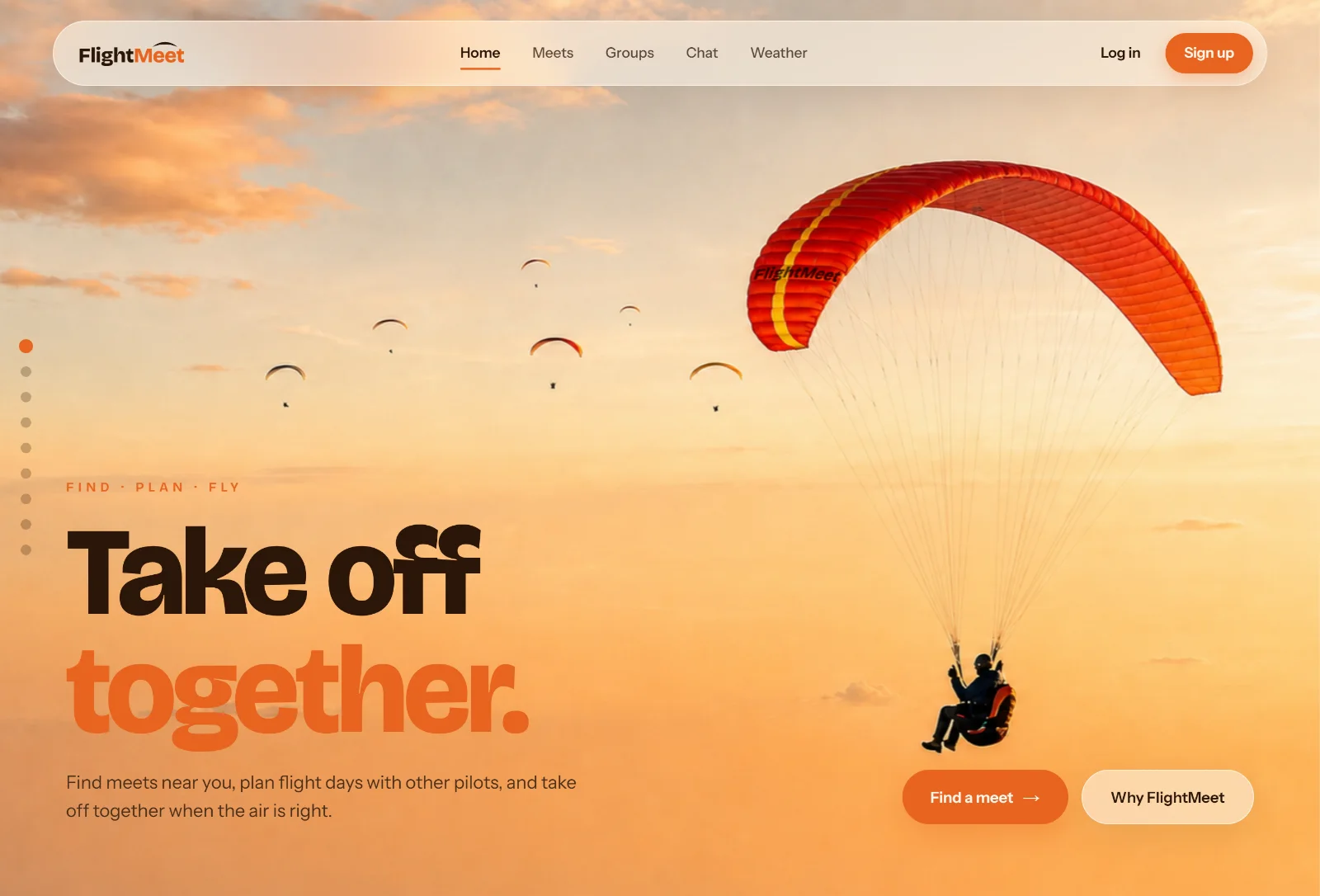 FlightMeet's live landing page: the headline “Take off together.” over a photograph of a paraglider flying at sunset.
